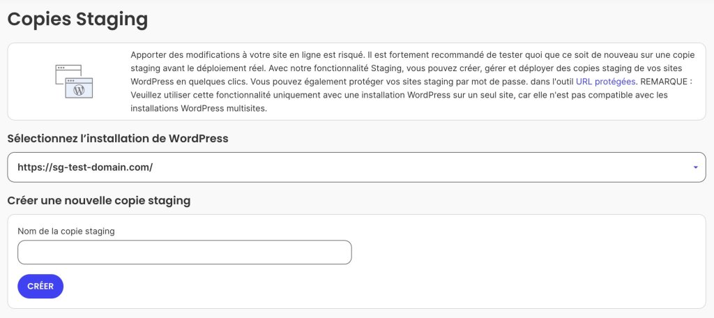 Une capture d'écran de la page du tableau de bord de Site Tools de SiteGround, où vous pouvez créer une copie en environnement de staging de votre site WordPress.