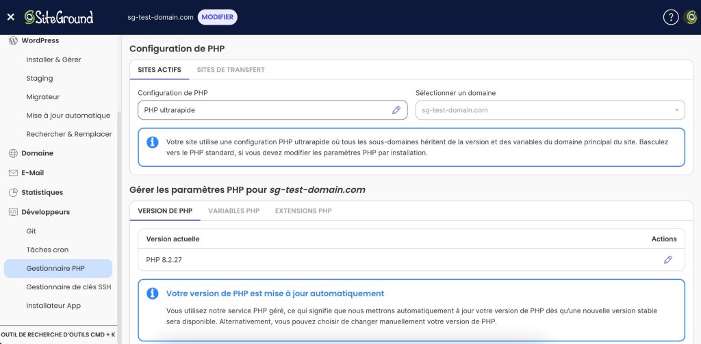 Une capture d'écran du gestionnaire PHP du tableau de bord de Site Tools de SiteGround, où vous pouvez modifier les paramètres PHP de vos sites web.