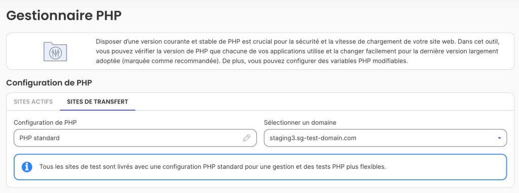 Une capture d'écran du gestionnaire PHP du tableau de bord de Site Tools de SiteGround, où vous pouvez modifier les paramètres PHP d'un site web en environnement de staging.