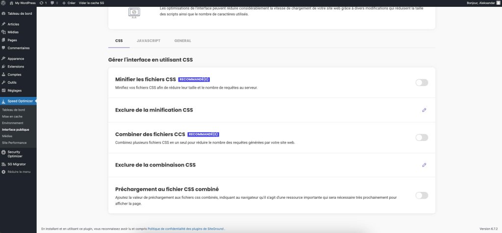 Capture d’écran des paramètres CSS Frontend de Speed Optimizer, avec les options pour minifier, combiner et précharger les fichiers CSS, ainsi que des options supplémentaires pour exclure des fichiers spécifiques de l’optimisation.