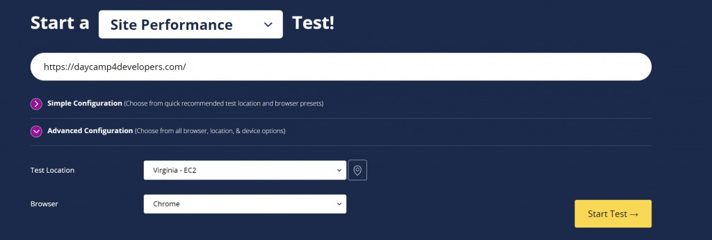 Capture d’écran de l’outil WebPageTest avec les champs pour l’URL, l’emplacement et le navigateur à tester.