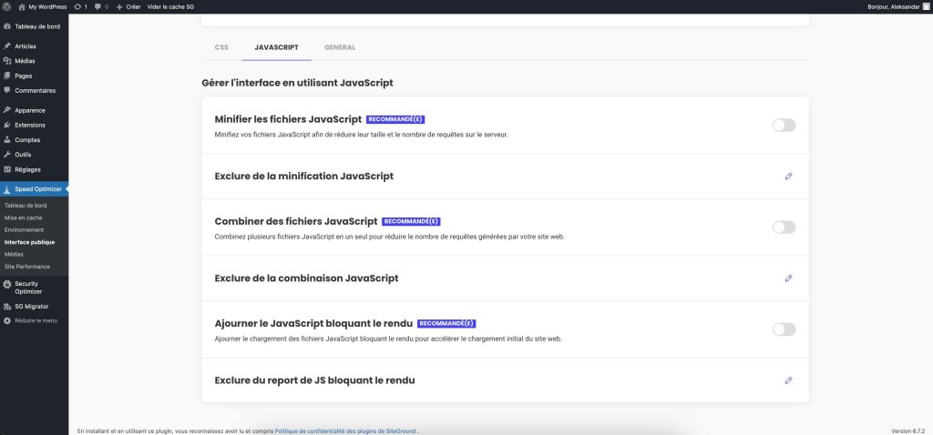 Capture d’écran des paramètres JavaScript Frontend de Speed Optimizer, avec les options pour minifier, combiner et différer les fichiers JavaScript, ainsi que des options supplémentaires pour exclure des fichiers spécifiques de l’optimisation.