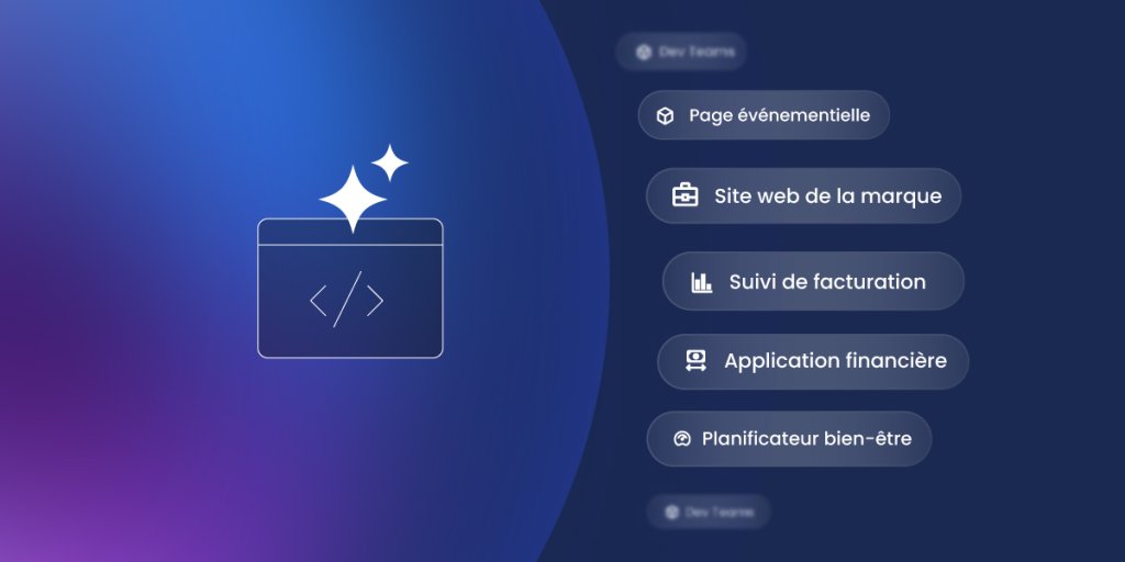 Illustration avec des encadrés représentant les applications du vibe coding page evenement site entreprise suivi des couts application financiere et planificateur personnel