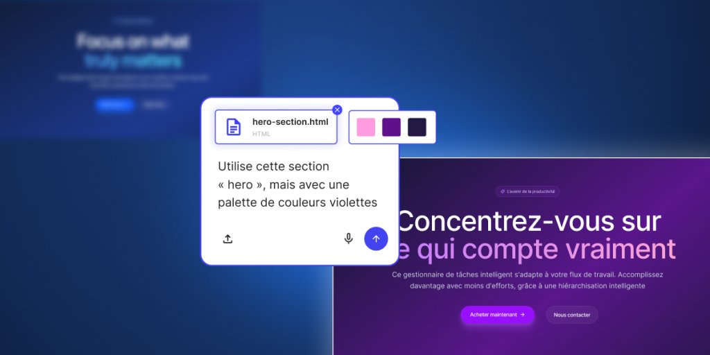 Interface de Coderick AI : téléchargement du fichier hero-section.html et application d'une palette de couleurs violette à la section hero.
