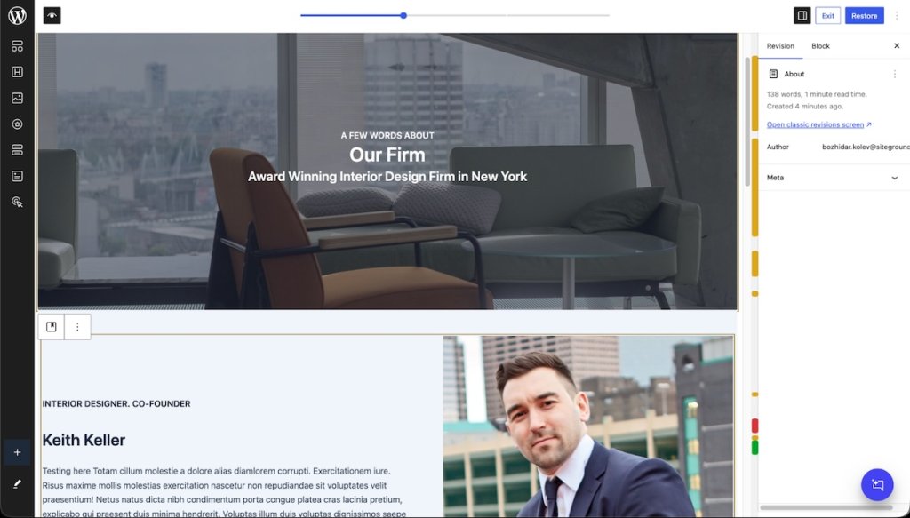 Interface WordPress 7.0 pour l’édition d’un site web