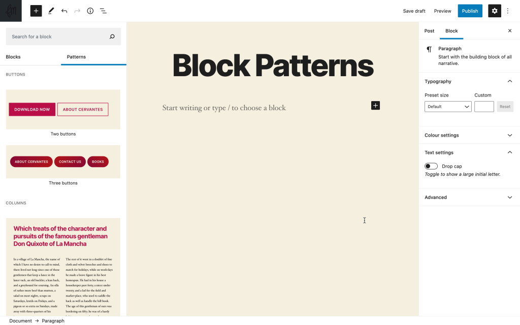 block patterns in WordPress 5.5