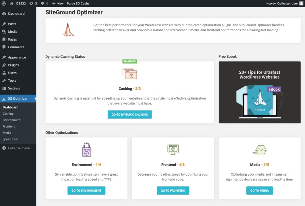 SiteGround Optimizer Dashboard