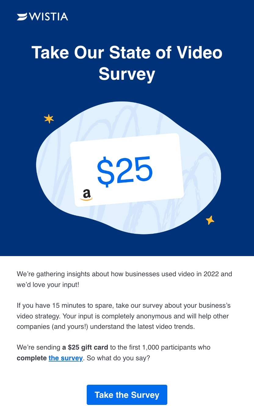 Screenshot of the Wistia customer survey B2B email