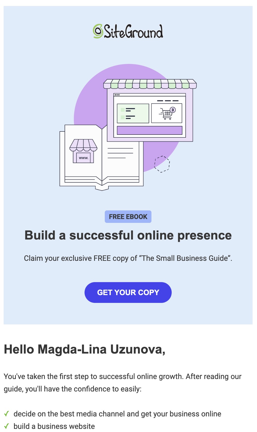 Screenshot of the SiteGround lead magnet delivery B2B email