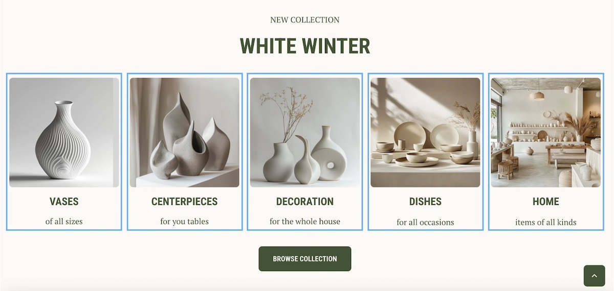 Example of a card website layout displaying self-contained content blocks each with an image, headline, and call to action
