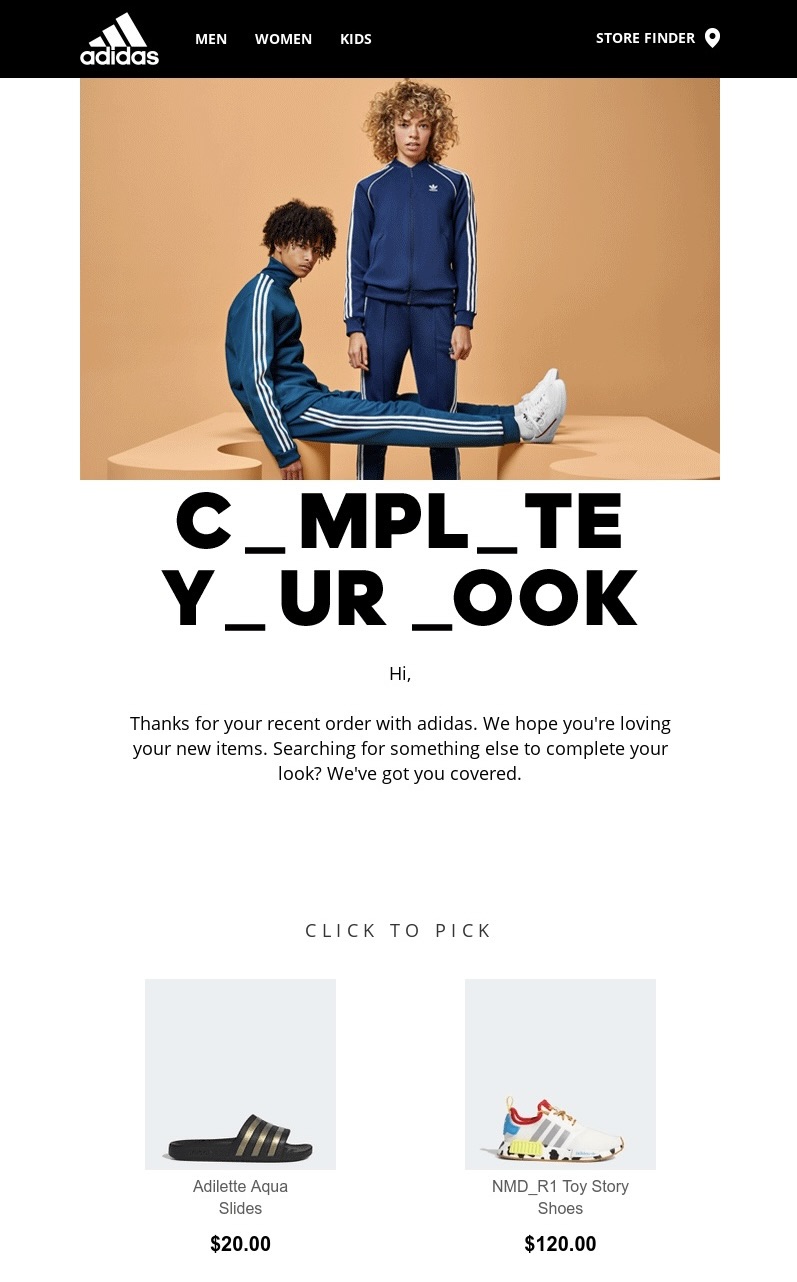  An example email from Adidas, featuring multiple CTAs