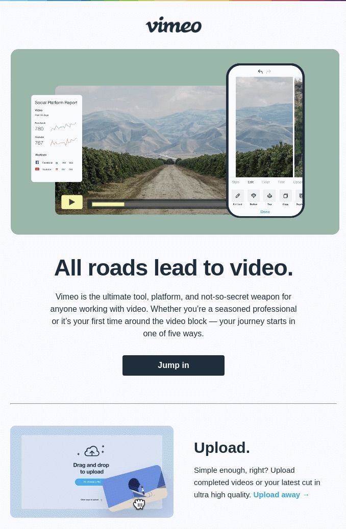 An example email from Vimeo, featuring multiple CTAs