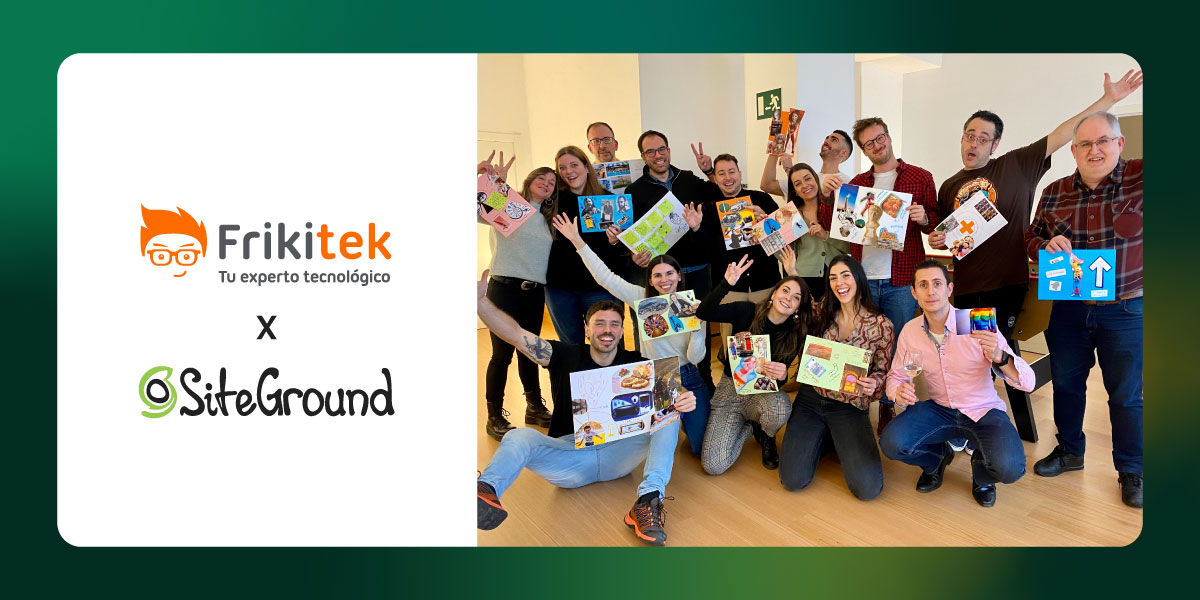 A group of cheerful people from Frikitek, a web development agency, pose with colorful collages, celebrating their own team activity. The left side displays the Frikitek and SiteGround logos.