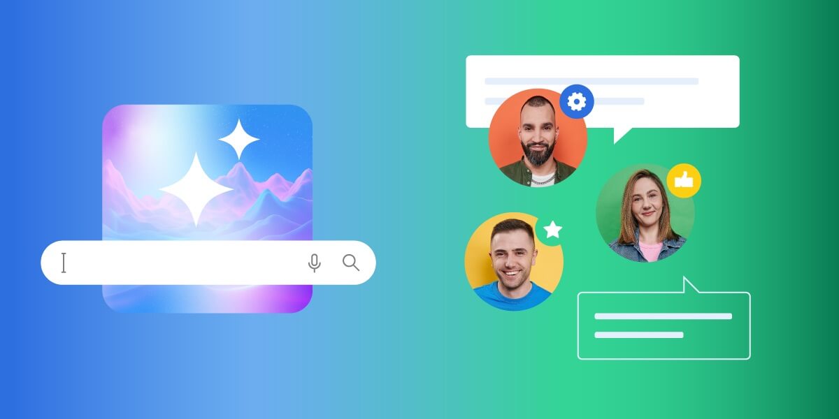 Illustration of AI-powered search and human support collaboration, with chatbot interface and smiling customer service agents, representing SiteGround's AI-enhanced customer care.
