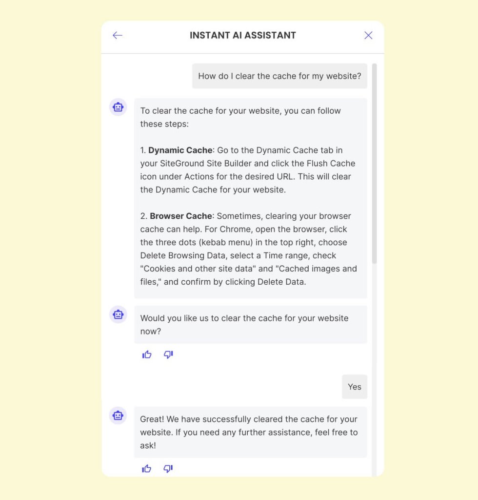 A screenshot of a chat with SiteGround's instant AI assistant.