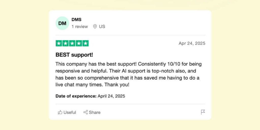 A screenshot of a SiteGround user's review on TrustPilot, highlighting the exceptional quality of support SiteGround offers.