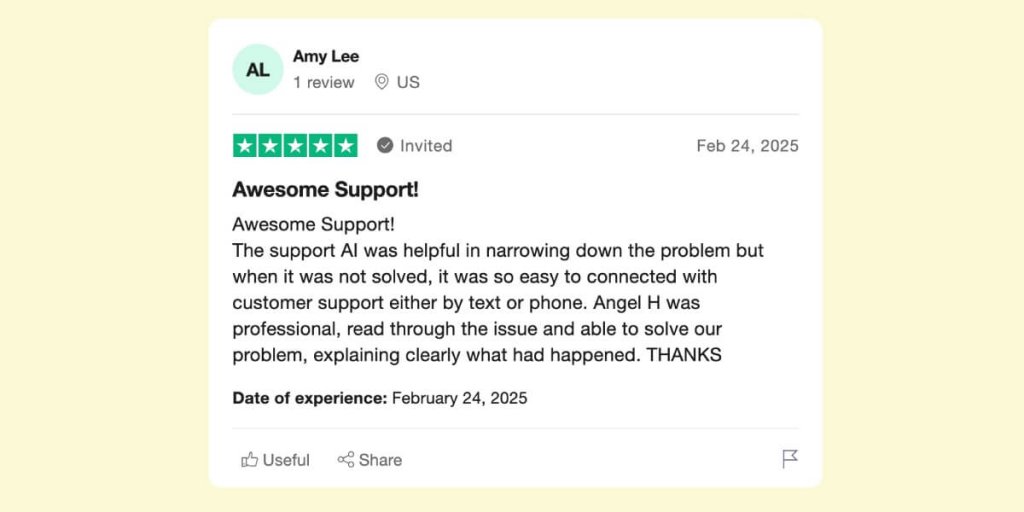 A screenshot of a SiteGround user's review on TrustPilot, highlighting the exceptional quality of support SiteGround offers.