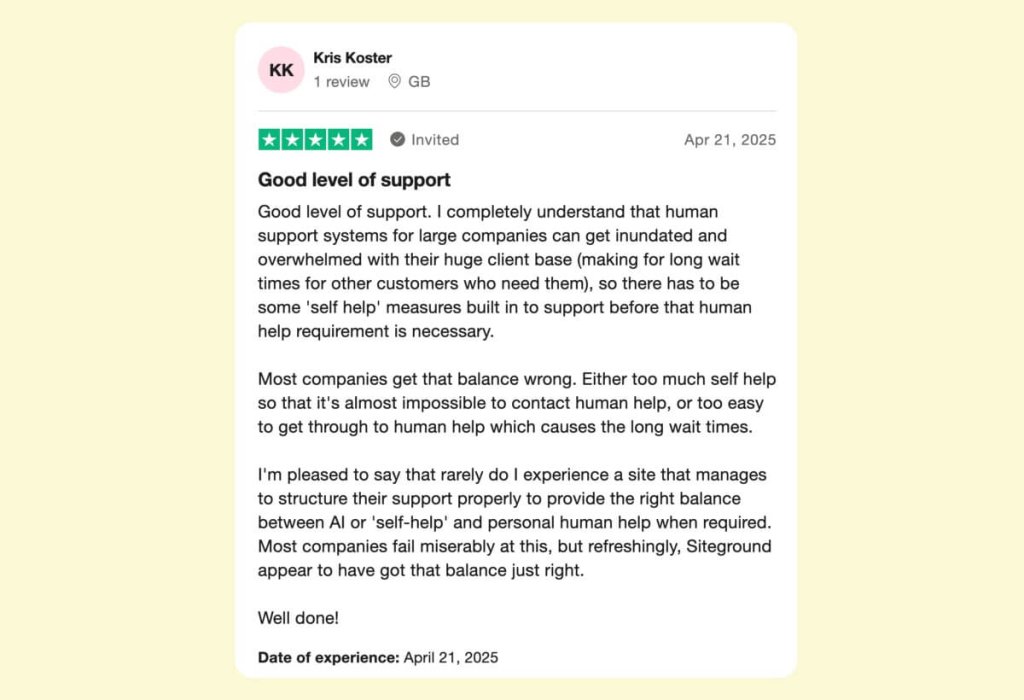 A screenshot of a SiteGround user's review on TrustPilot, highlighting the exceptional quality of support SiteGround offers.