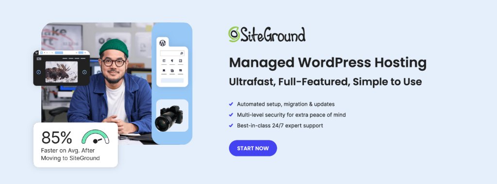 Photographer at desk with camera and WordPress interface showing 85% faster average speed after moving to SiteGround managed WordPress hosting