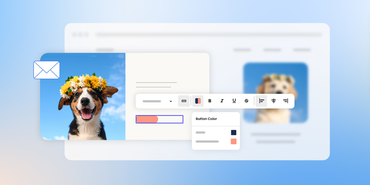 Website Builder interface featuring the same flower-crowned Border Collie image. The layout includes an email icon, text formatting toolbar, and an open color picker showing navy blue and coral color swatches for button customization.