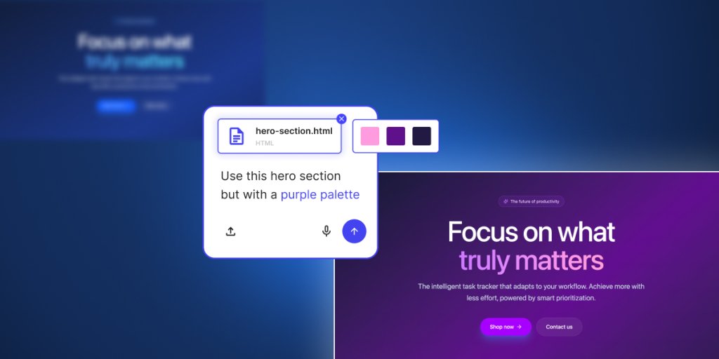 Coderick AI code files upload previews taking ready html file, updating its colors and adding the section to a real Coderick AI project