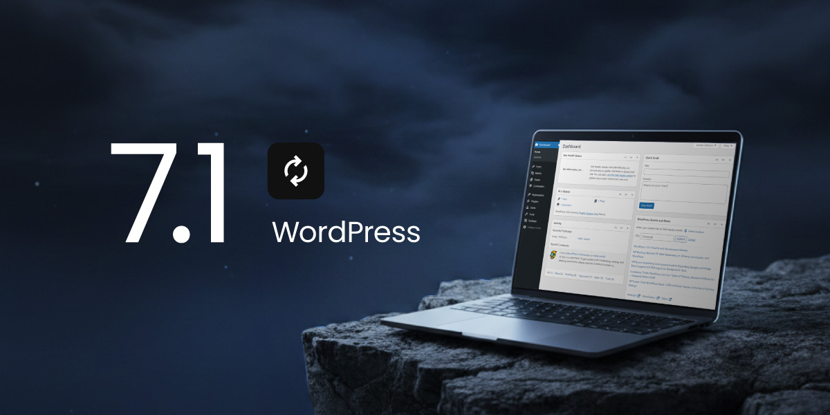 A promotional digital graphic for WordPress 7.1 set against a dark blue, cloudy night sky. On the left side, bold white text reads "7.1" next to a dark square icon displaying circular update arrows above the word "WordPress". On the right, an open laptop rests on a rugged stone cliff edge, displaying the WordPress administration dashboard on its screen.