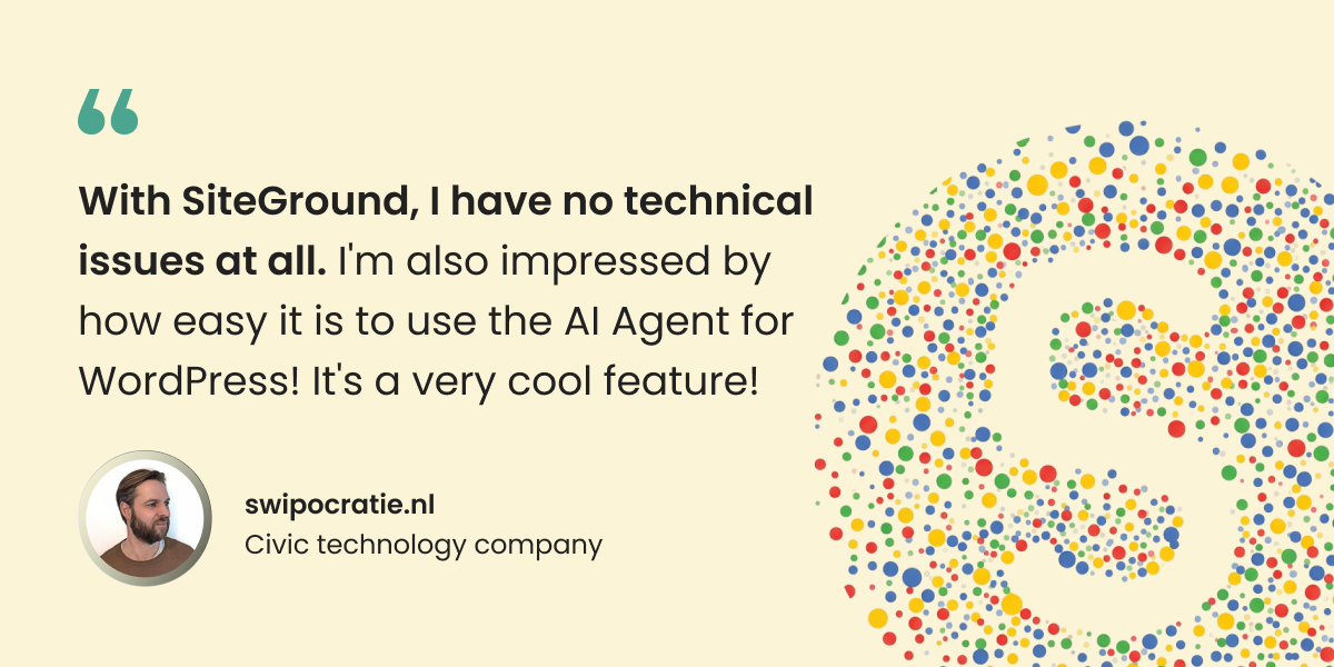 Swipocratie founder quote praising SiteGround for zero technical issues and reliable uptime