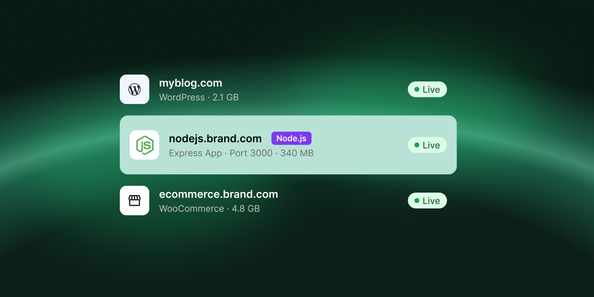 A Node.js Express app listed as live in the SiteGround Client Area next to a WordPress blog and a WooCommerce store