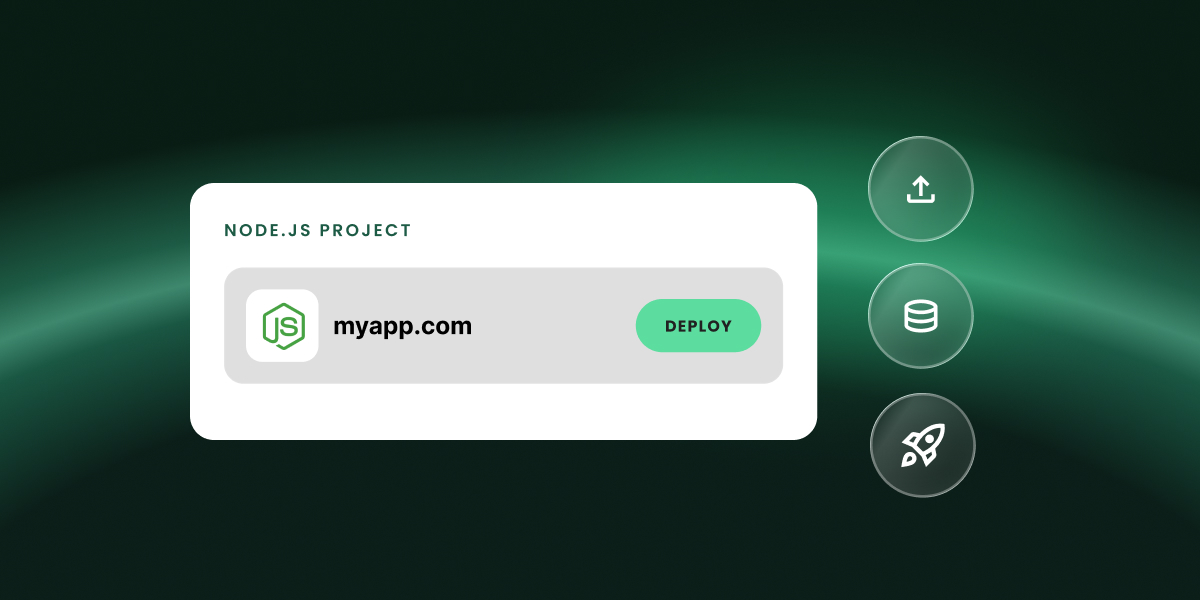 A Node.js project card for myapp.com with a Deploy button, next to icons for upload, database and launch