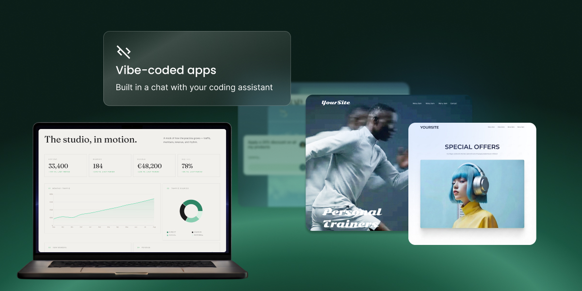 Examples of vibe-coded apps built with a coding assistant an analytics dashboard, a personal trainer site and an offers page