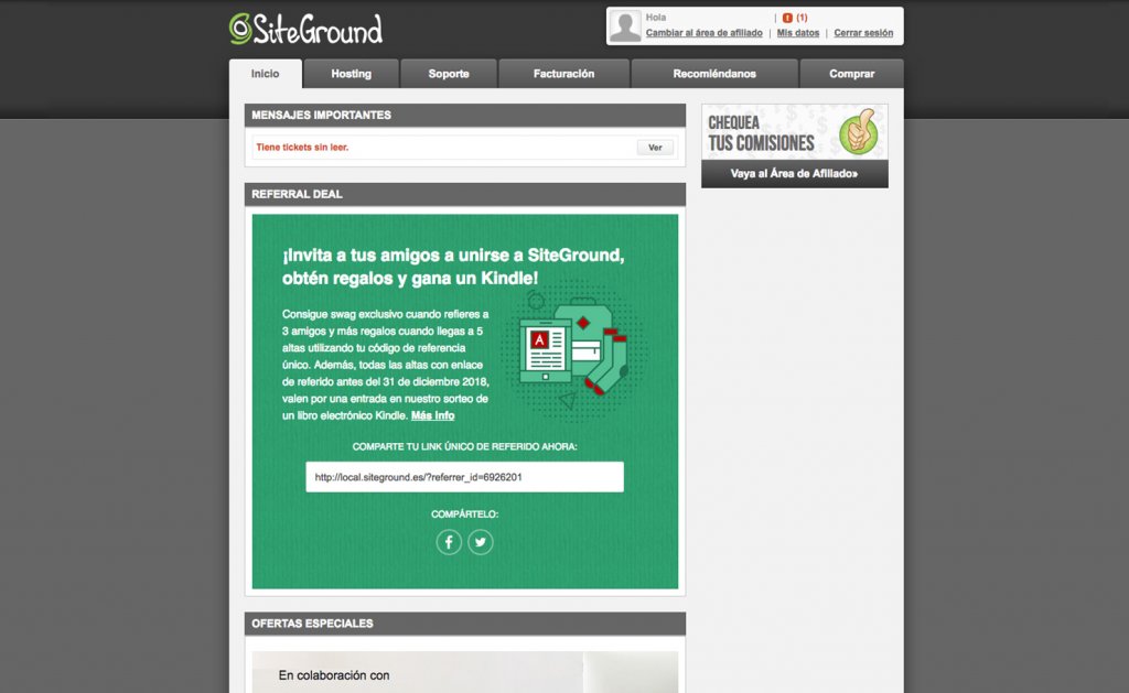 área de usuario de SiteGround desde 2019 hasta 2019