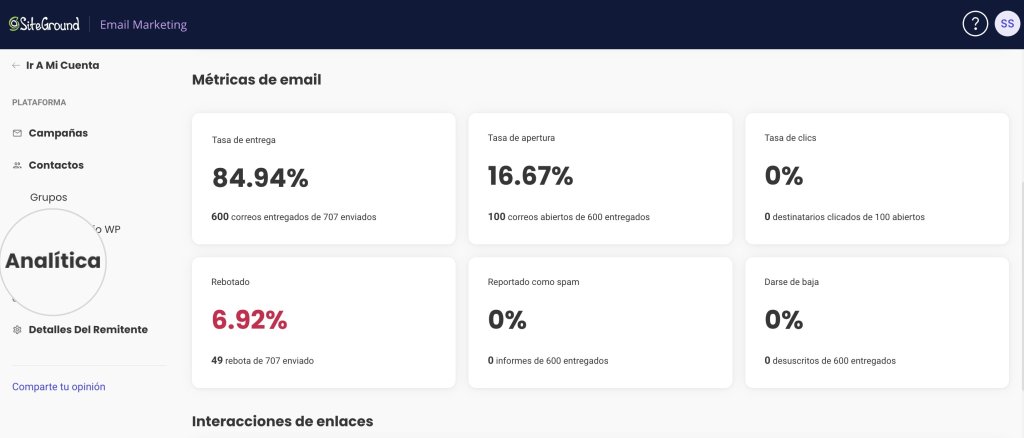 Una captura de pantalla que muestra la página de Analíticas de Email Marketing de SiteGround