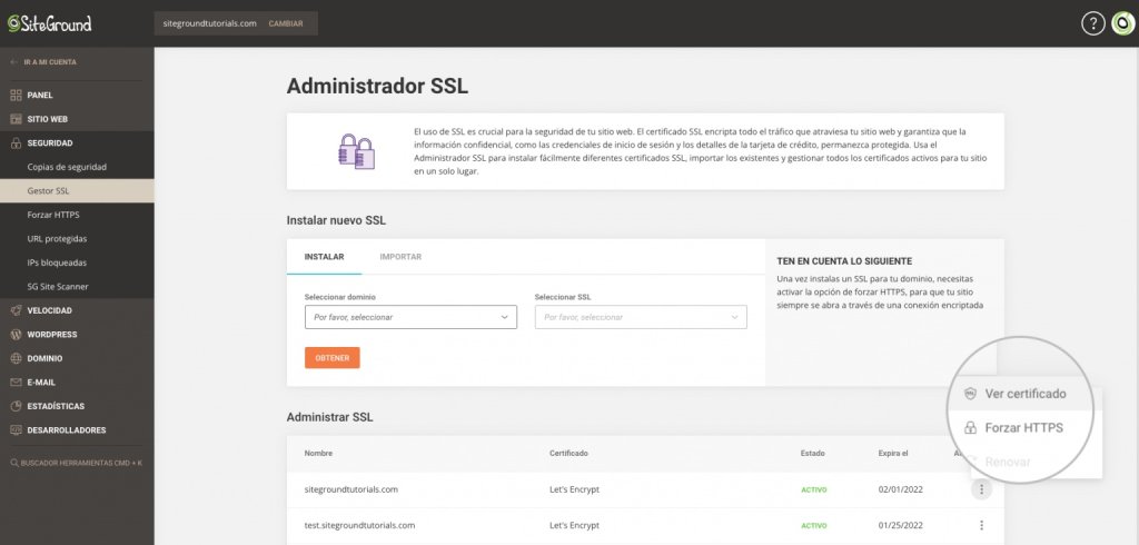 Forzar HTTPS desde el panel Site Tools