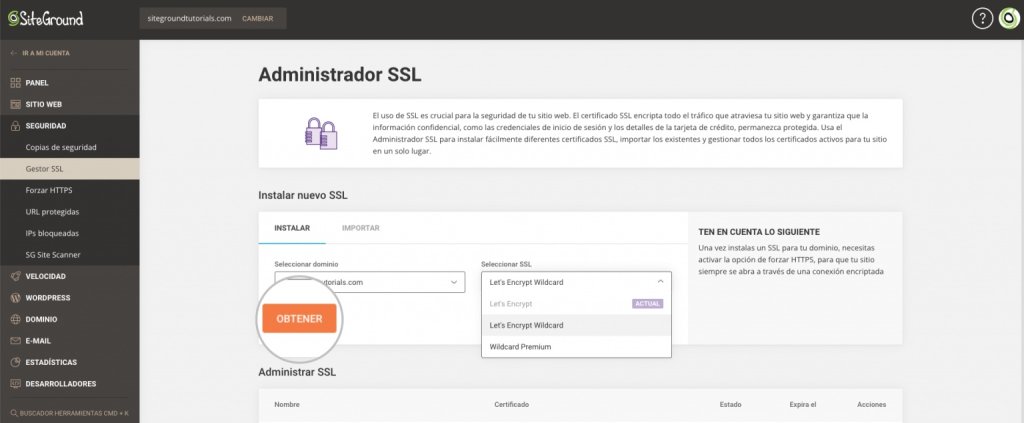 Gestor SSL de SiteGround