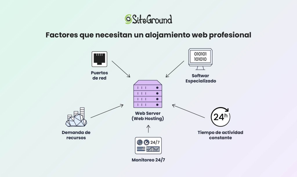 Una infografía que representa los factores que requieren el uso de servicios de alojamiento web profesionales.