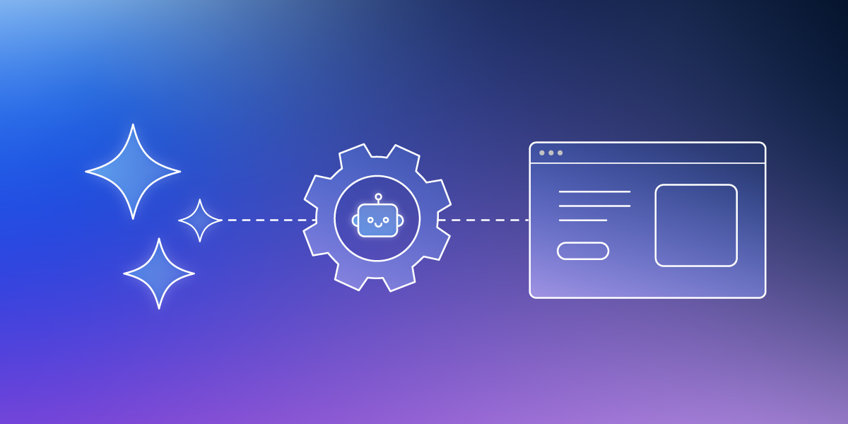 Ilustración que muestra el concepto de automatización con IA: destellos conectados a un engranaje con un ícono de chatbot, enlazado a una ventana de navegador web sobre un fondo degradado azul y púrpura.