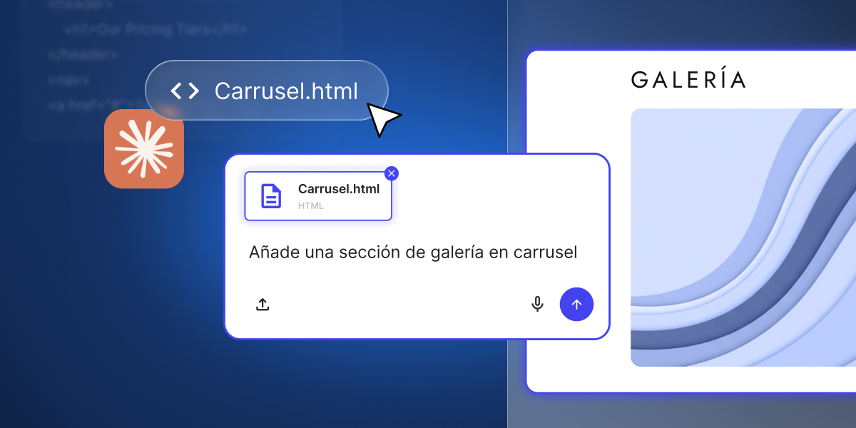 ube un archivo HTML a Coderick y pídele lo que necesitas: en este ejemplo, añadir una sección de galería en carrusel a tu proyecto en segundos.