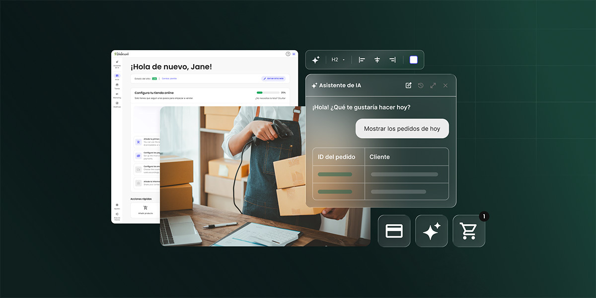 Una gráfica digital que ilustra la gestión de un e-commerce asistida por IA sobre un fondo verde oscuro con cuadrícula. A la izquierda, el panel de control de SiteGround muestra el mensaje de bienvenida "¡Hola de nuevo, Jane!" junto a la guía "Configura tu tienda online". En el centro, una fotografía enseña a un empleado con delantal usando un escáner de códigos de barras en cajas de cartón sobre una mesa de empaquetado con portátil. A la derecha, una ventana en estilo glassmorphism titulada "Asistente de IA" muestra el mensaje "¡Hola! ¿Qué te gustaría hacer hoy?" sobre la consulta del usuario "Mostrar los pedidos de hoy" y una tabla con las columnas "ID del pedido" y "Cliente". Completa la imagen una barra de formato de texto y tres iconos flotantes oscuros que representan una tarjeta de pago, destellos de IA y un carrito de compras con una notificación.
