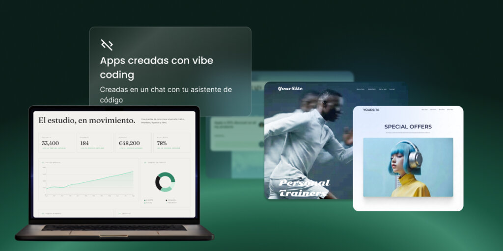 Ejemplos de apps creadas con vibe coding y un asistente de programación - un panel de analíticas, una web de entrenadores personales y una página de ofertas.