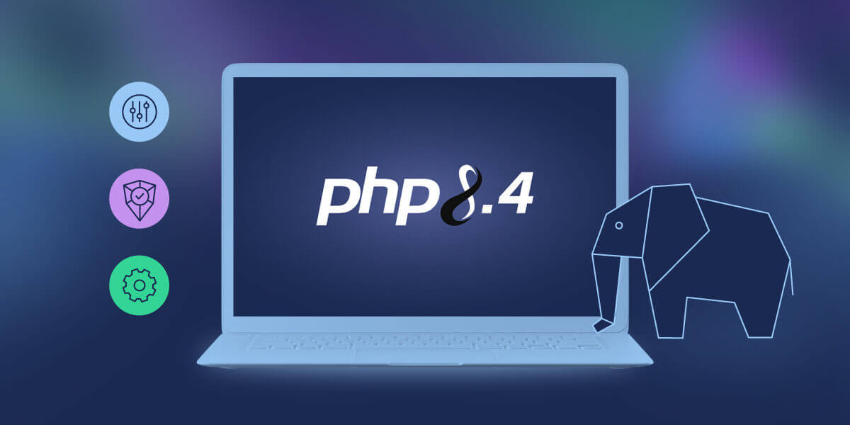 Une image en vedette avec un ordinateur portable, affichant le logo officiel PHP.net de PHP 8.4, et l'icône signature de l'éléphant PHP.