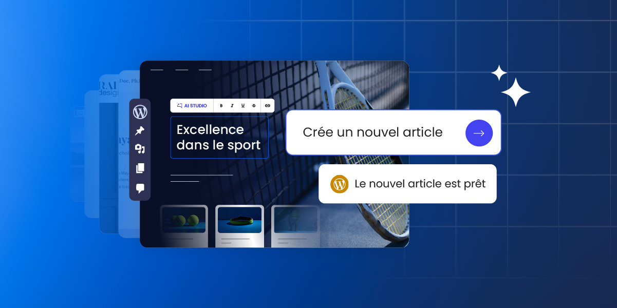 Tableau de bord WordPress avec des outils de gestion d’IA, un aperçu du site web sur le thème du sport et une interface flottante illustrant un assistant d’IA gérant plusieurs sites WordPress.