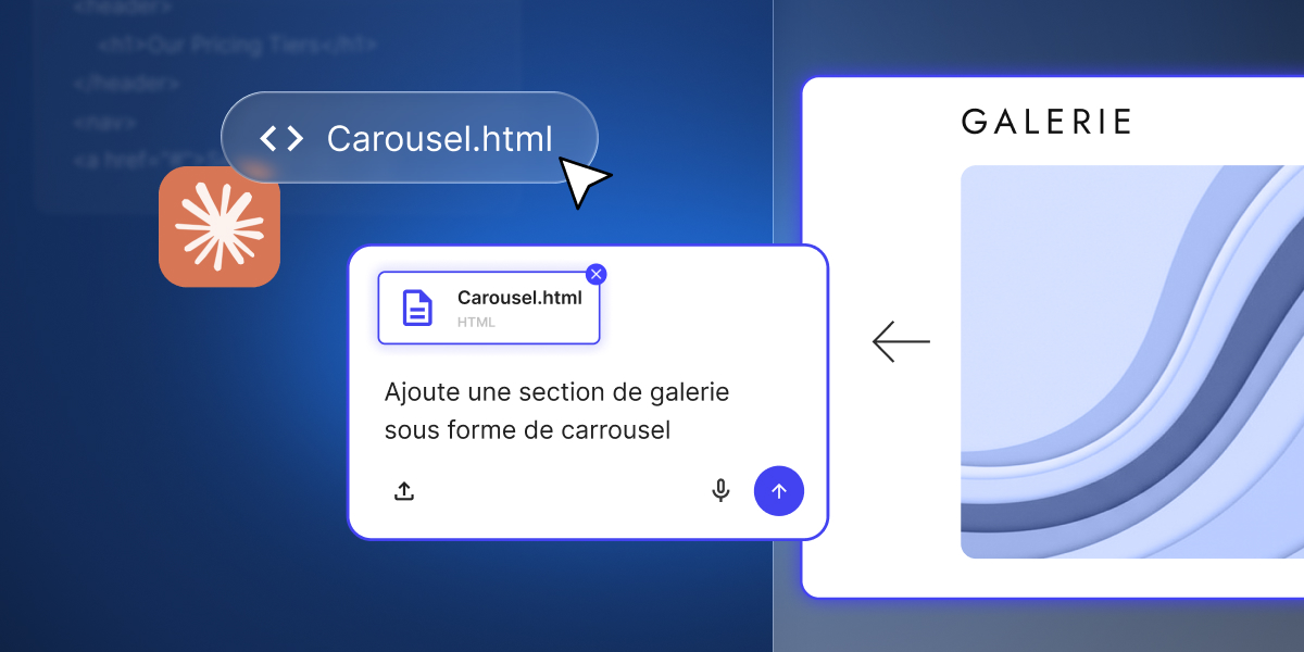 Interface de Coderick AI : téléchargement du fichier Carousel.html avec l'instruction d'ajouter une section galerie carrousel à un projet.