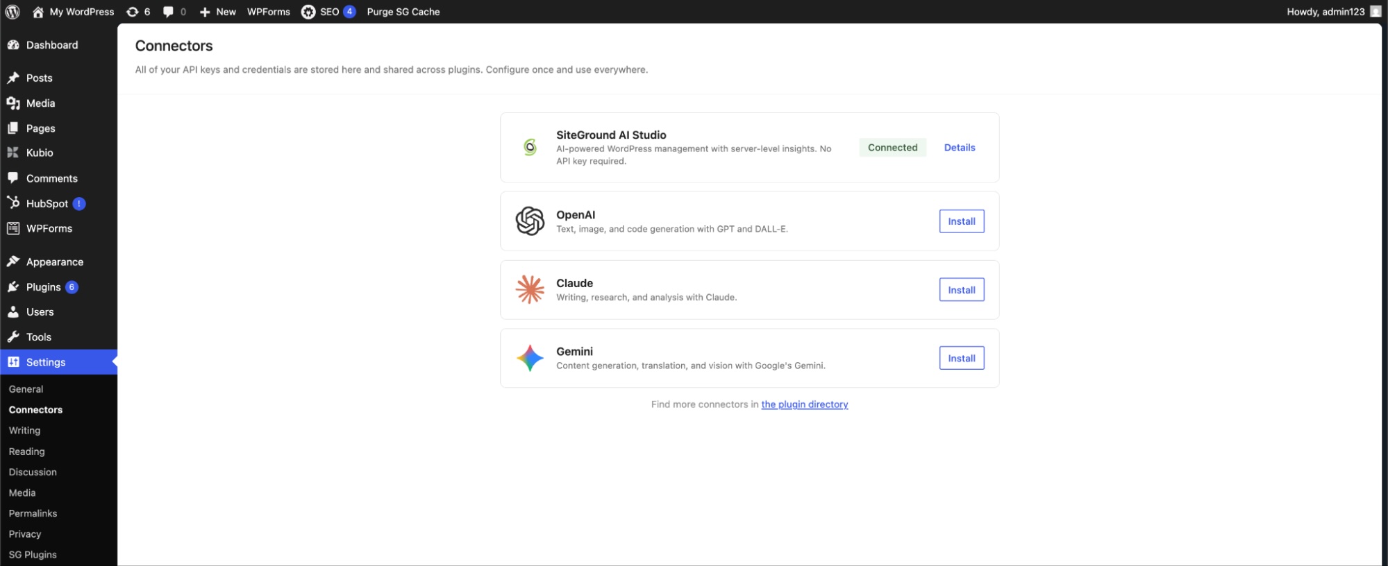 Interface WordPress 7.0 pour sélectionner un connecteur IA
