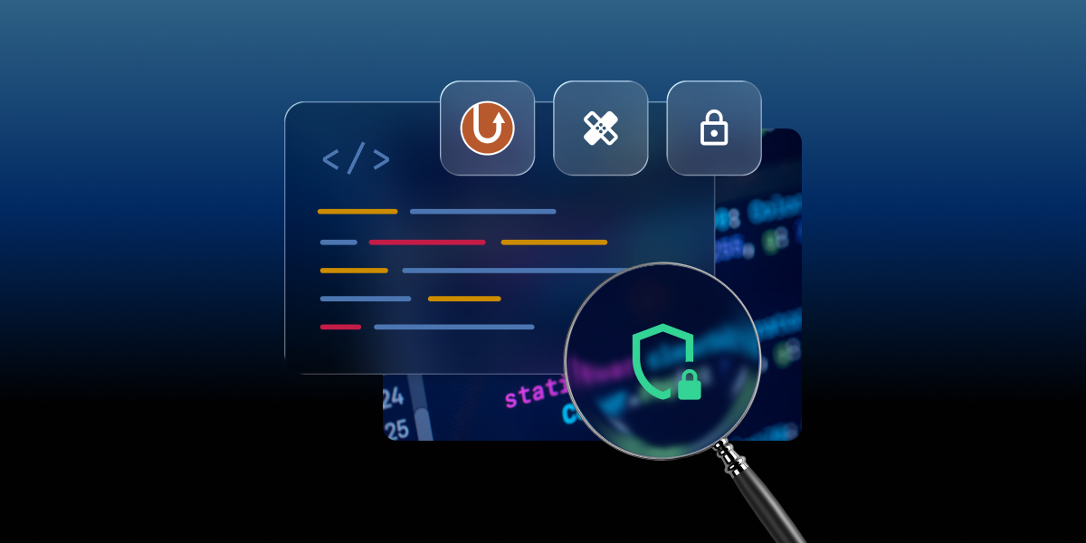 Illustration de sécurité SiteGround montrant du code, des icônes de plugins et un bouclier sous une loupe.