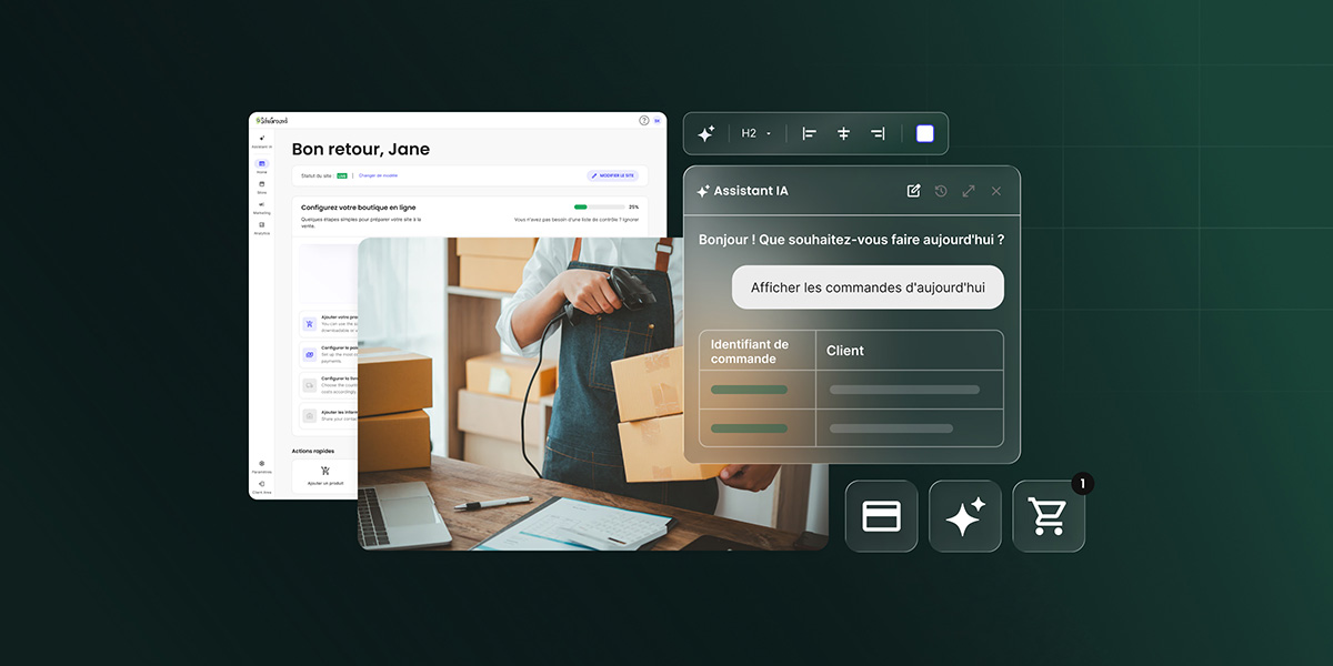 Une illustration numérique montrant la gestion d'une boutique en ligne assistée par l'IA sur un fond vert foncé à quadrillage. À gauche, le tableau de bord SiteGround affiche le message « Bon retour, Jane » ainsi que le guide « Configurez votre boutique en ligne ». Au centre, une photo présente un employé portant un tablier qui utilise un lecteur de code-barres sur des cartons posés sur une table d'emballage avec un ordinateur portable. À droite, une fenêtre en style glassmorphism intitulée « Assistant IA » affiche le message « Bonjour ! Que souhaitez-vous faire aujourd'hui ? » au-dessus de la requête utilisateur « Afficher les commandes d'aujourd'hui » et d'un tableau récapitulatif avec les colonnes « Identifiant de commande » et « Client ». L'image est complétée par des outils de formatage de texte et trois icônes sombres flottantes représentant une carte de paiement, des étincelles d'IA et un panier d'achat avec un badge de notification.