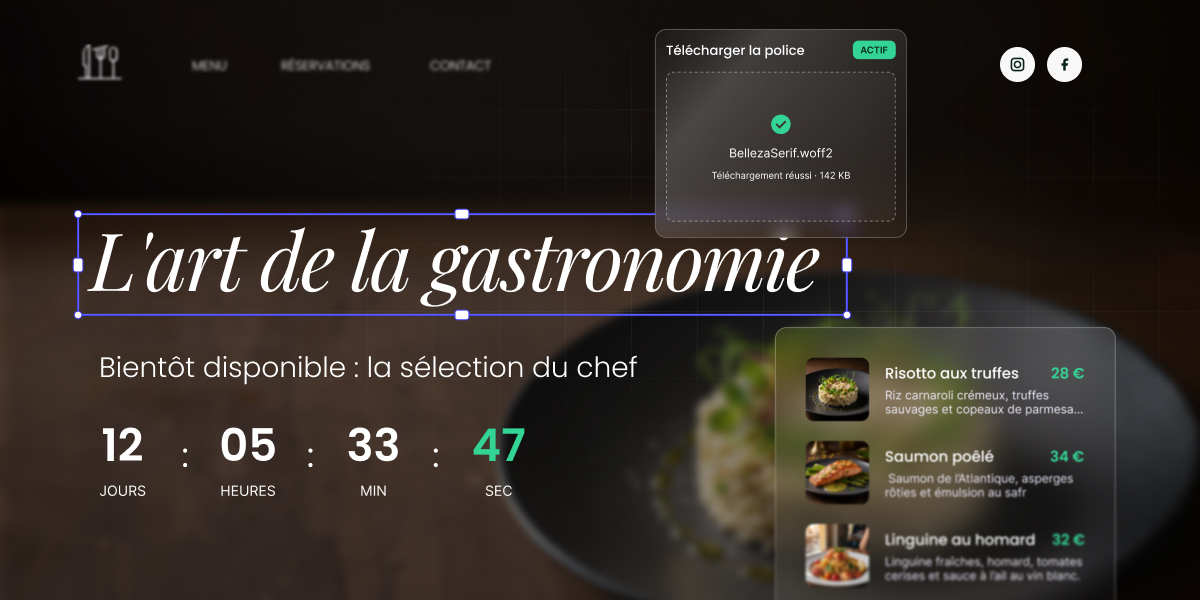 Image abstraite des mises à jour du Créateur de sites Web SiteGround, telles qu’un compte à rebours et des polices personnalisées