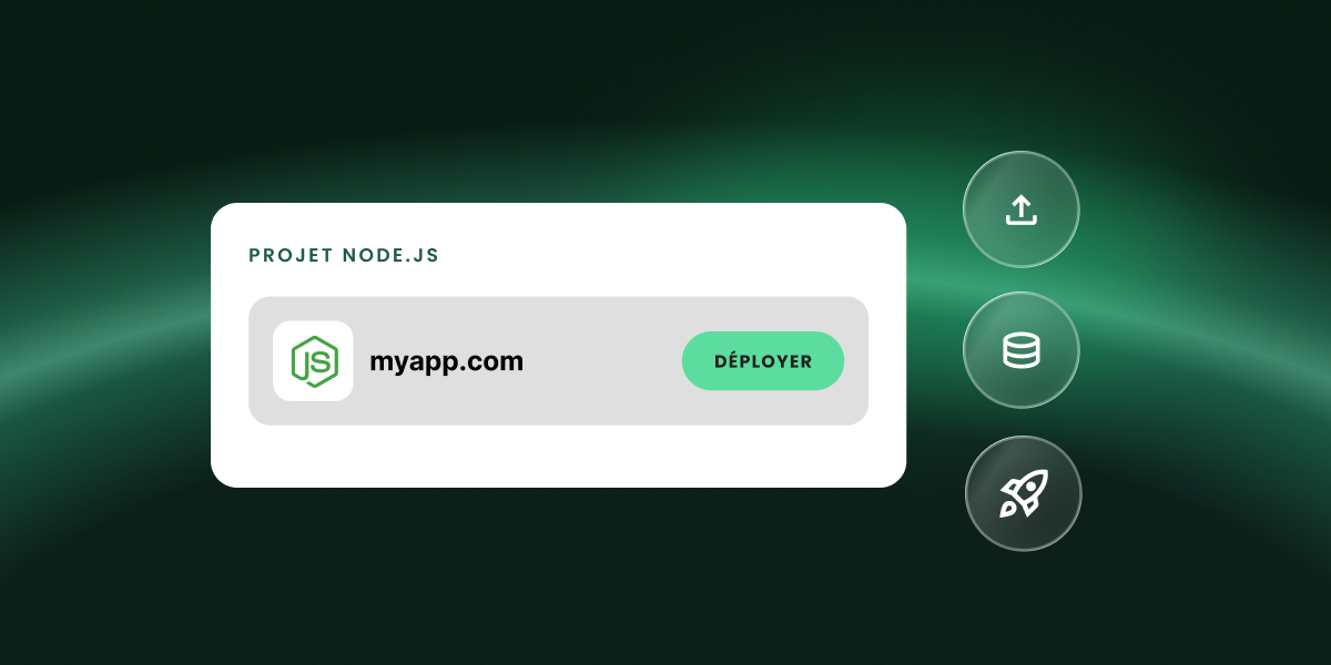 Une fiche de projet Node.js pour myapp.com avec un bouton Deploy, à côté d'icônes pour l'import, la base de données et le lancement.
