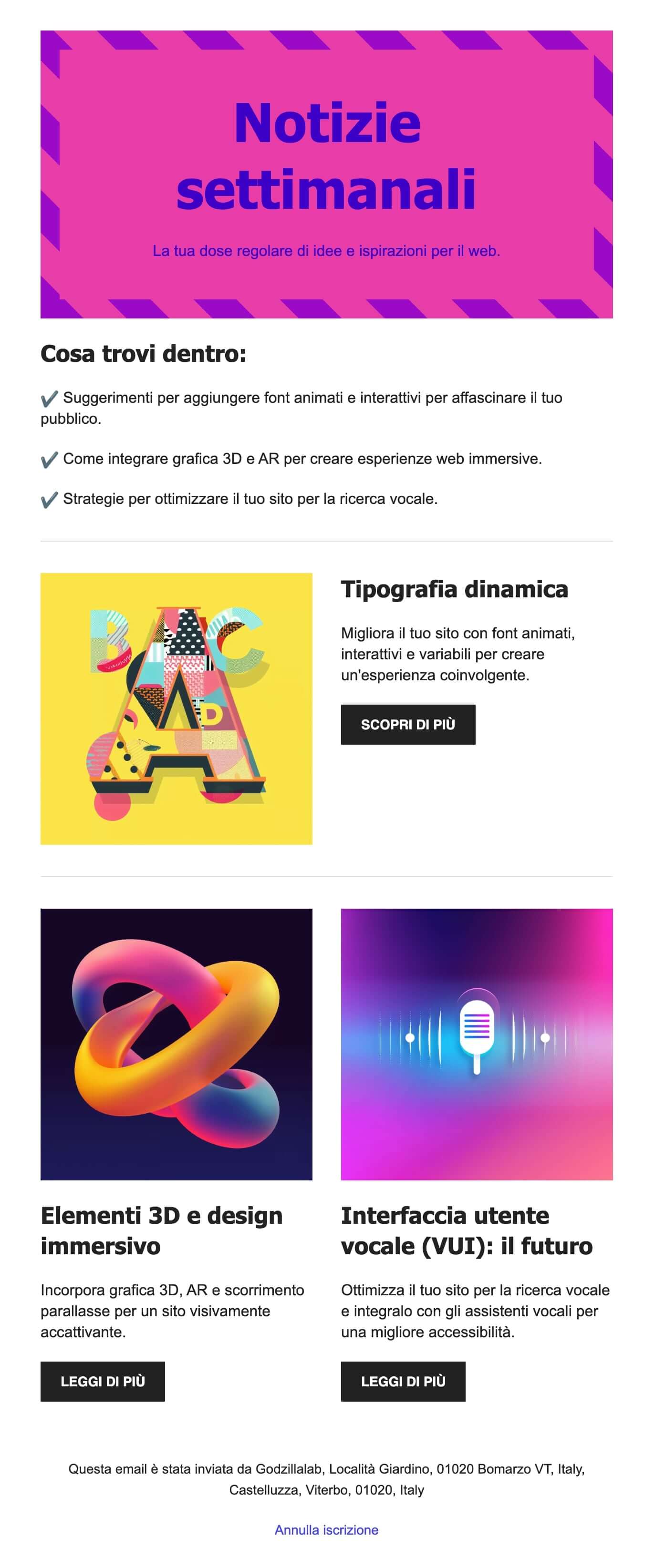 screenshot di una newsletter di aggiornamento per il mondo del design digitale