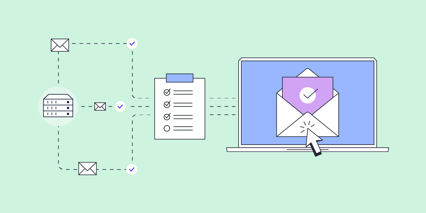 Disegno di email che vengono inviate a un computer