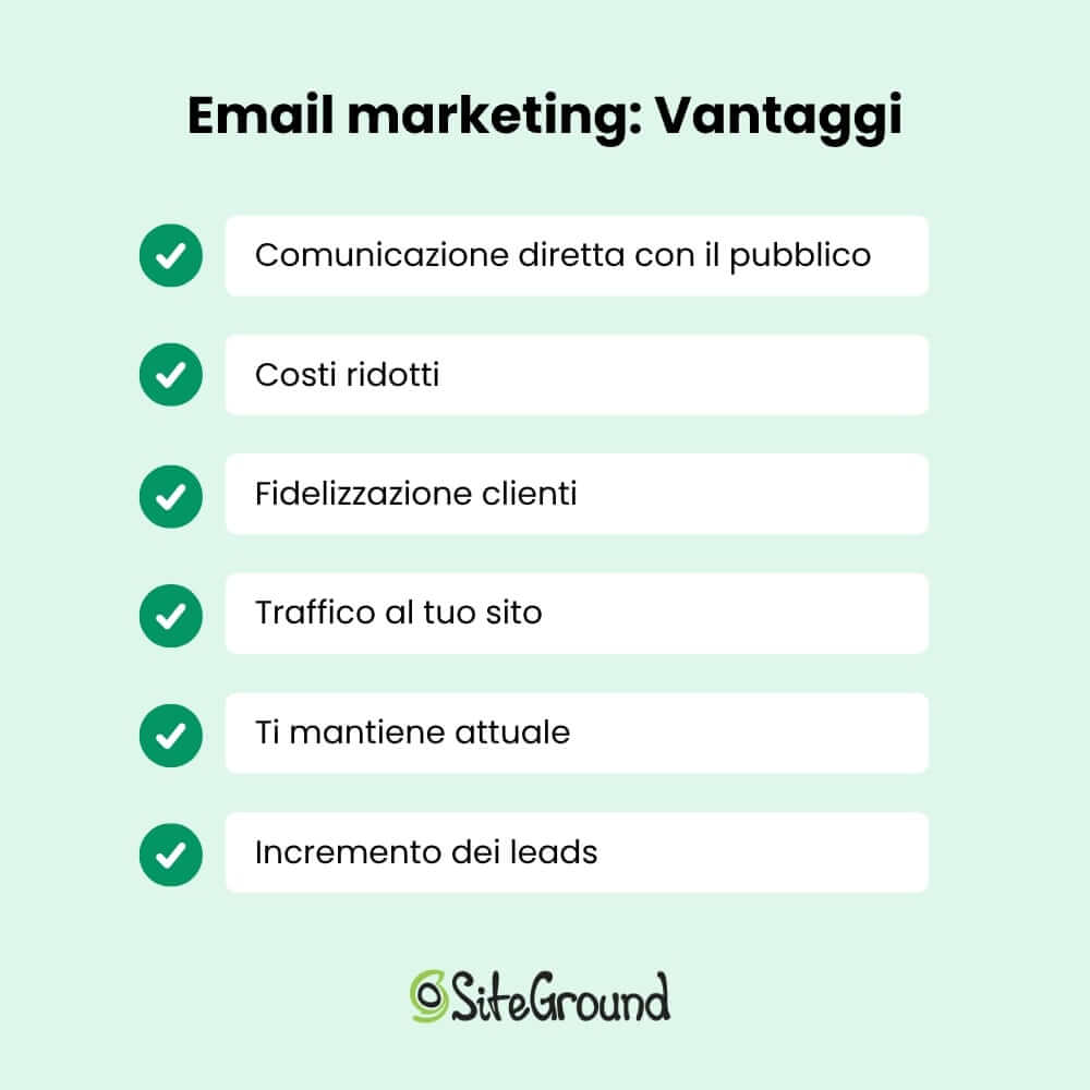 Lista schematica dei 6 vantaggi dell'email marketing